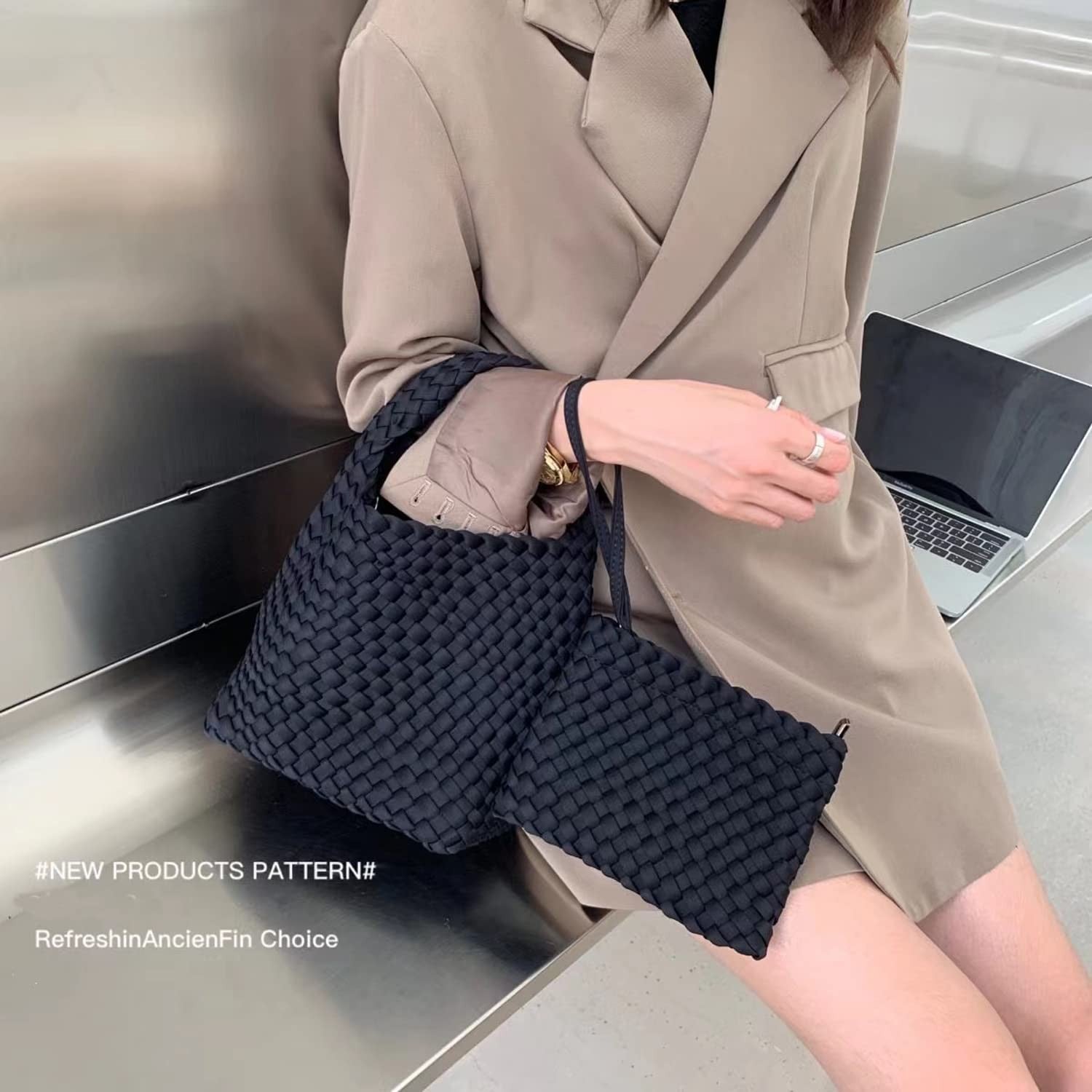 Ladies Black Woven Hobo Tote Bag & Wallet - Adjustable Strap