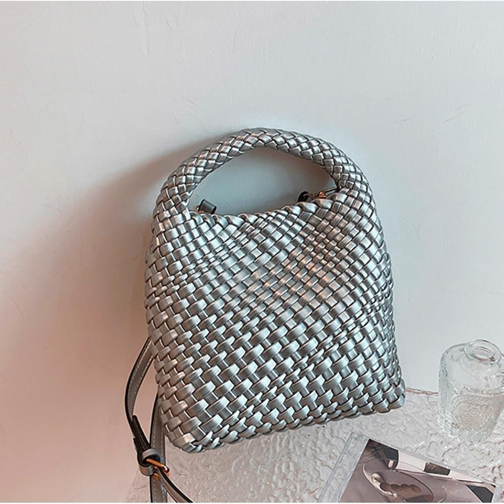 Vegan Leather Woven Hobo Bag, Stylish Silver Tote Handbag for Women