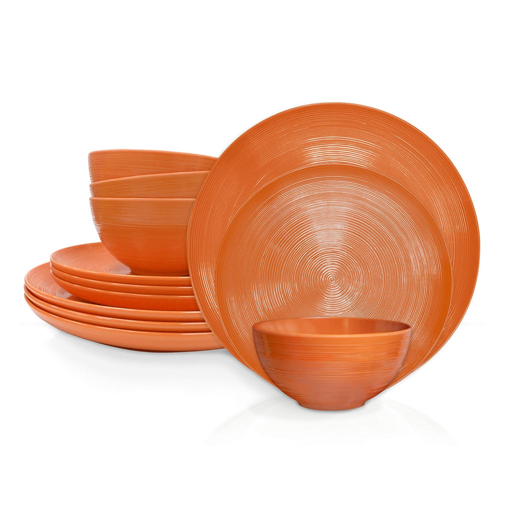 12-Piece Orange Melamine Dinnerware Set for Indoor & Outdoor Dining