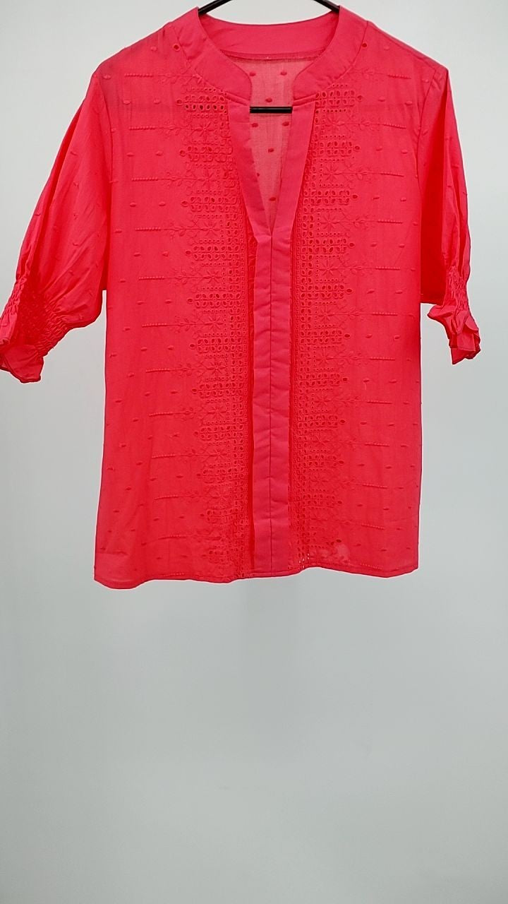 Eyelet Notched Flounce Sleeve Blouse