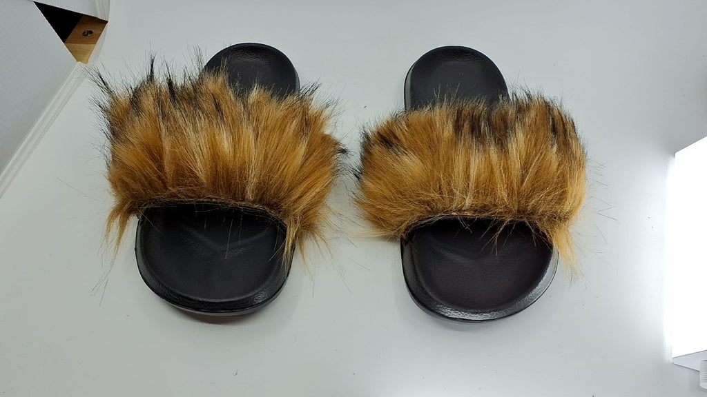 Fluffy Open Toe Slippers for Women Natural Faux Fur Size 9-10