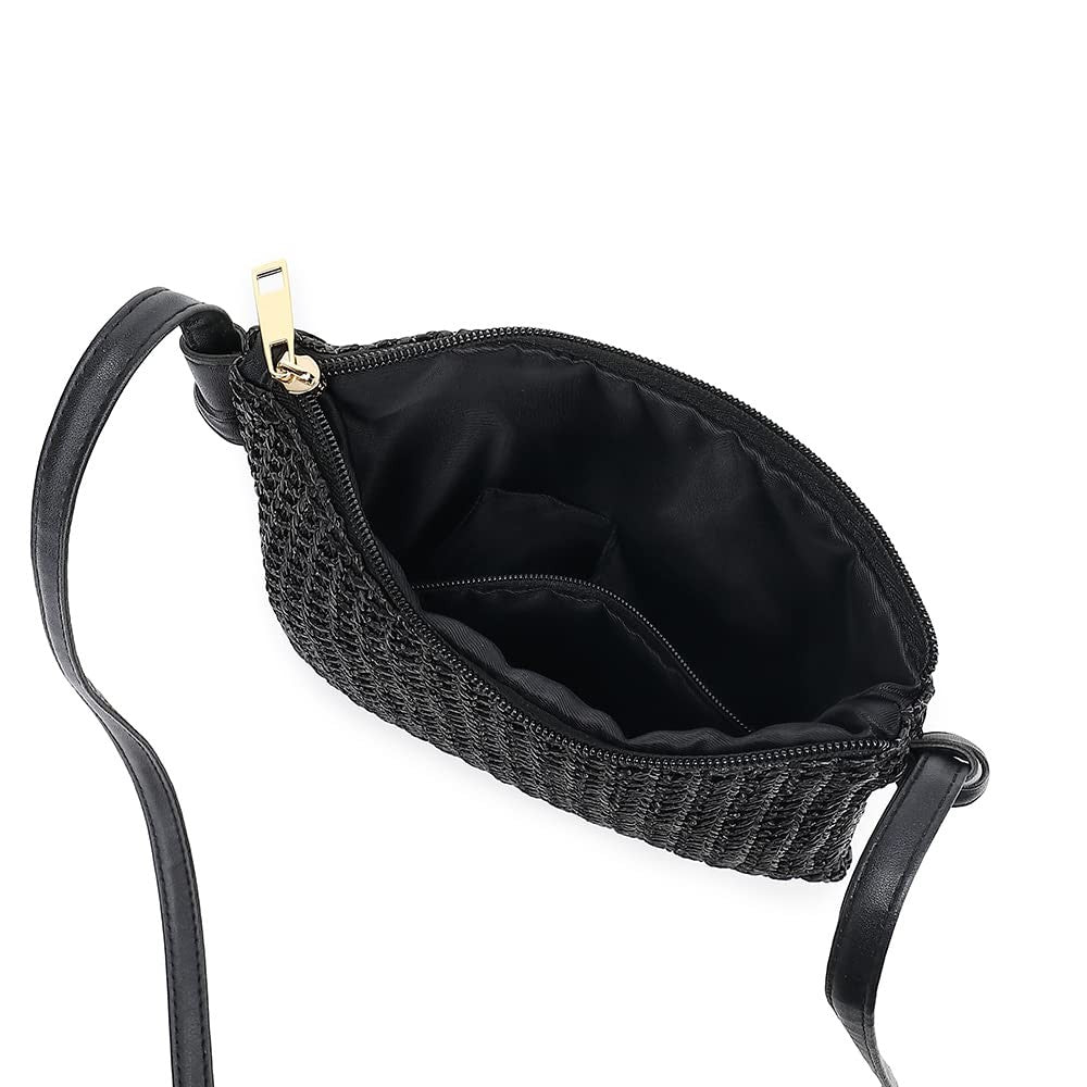 Cute Black Straw Beach Bag, Handwoven Rattan Crossbody Purse for Summer