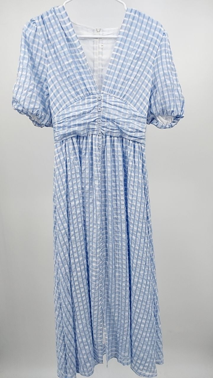 V-Neck Puff Short Sleeve Midi Dress