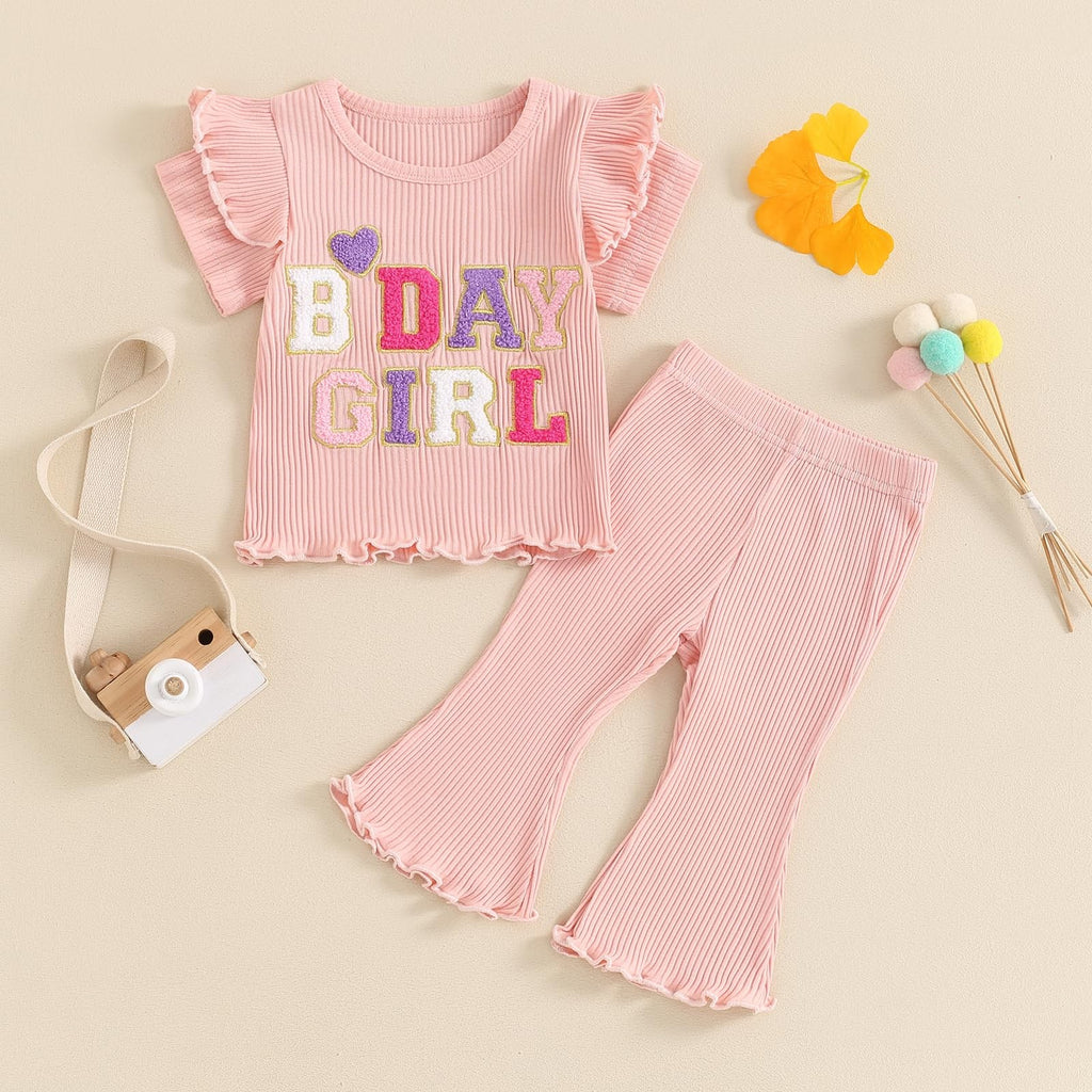 Cute Toddler Birthday Outfit Pink Ruffle Top & Flare Pants Set 4-5 Years