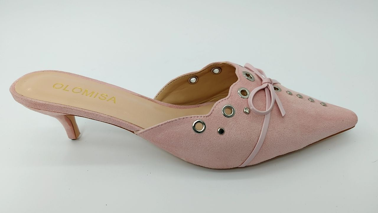 Olomisa Womens Pink Suede Kitten Heels w/ Bow & Studded Design Size 9