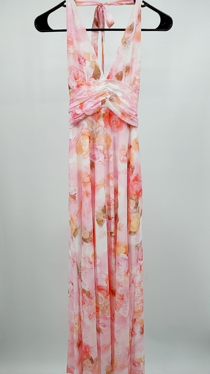 Floral Halter Neck Deep V Maxi Dress