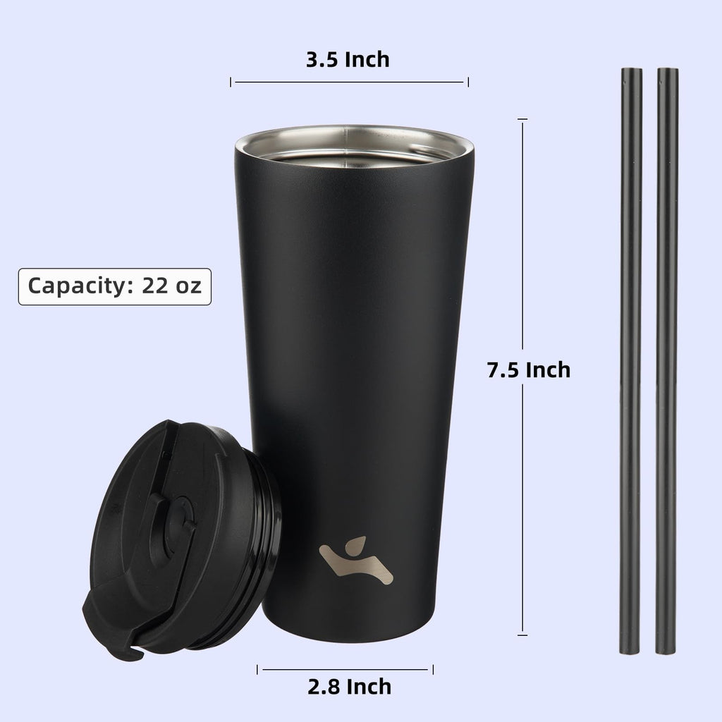 22 OZ Stainless Steel Insulated Travel Mug w/ Lid & 2 Straws, Blue