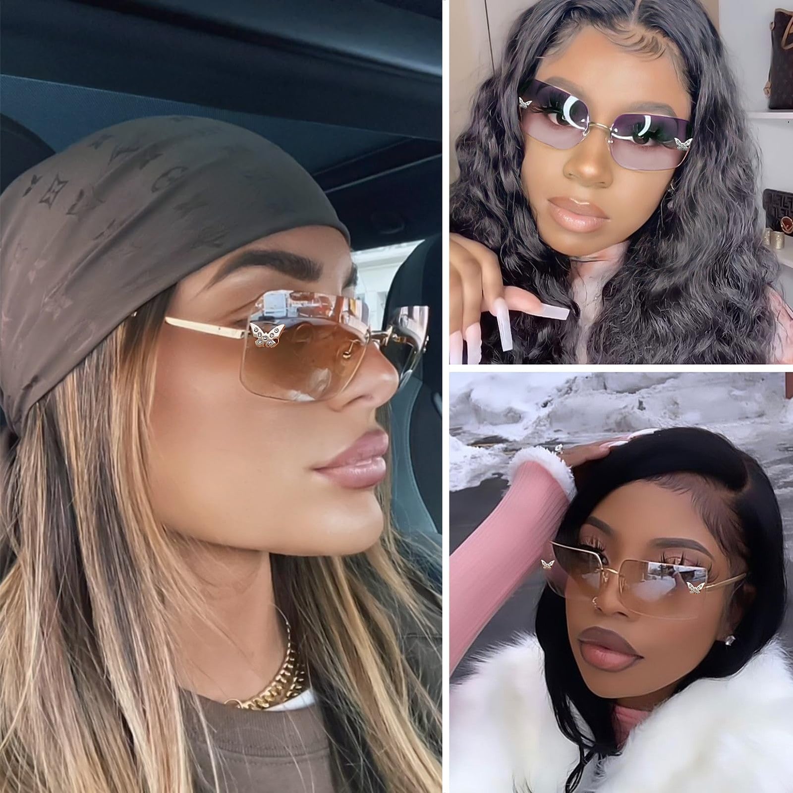 Cute Frameless Y2K Sunglasses - Small Rectangle Pink Lens, Butterfly Design