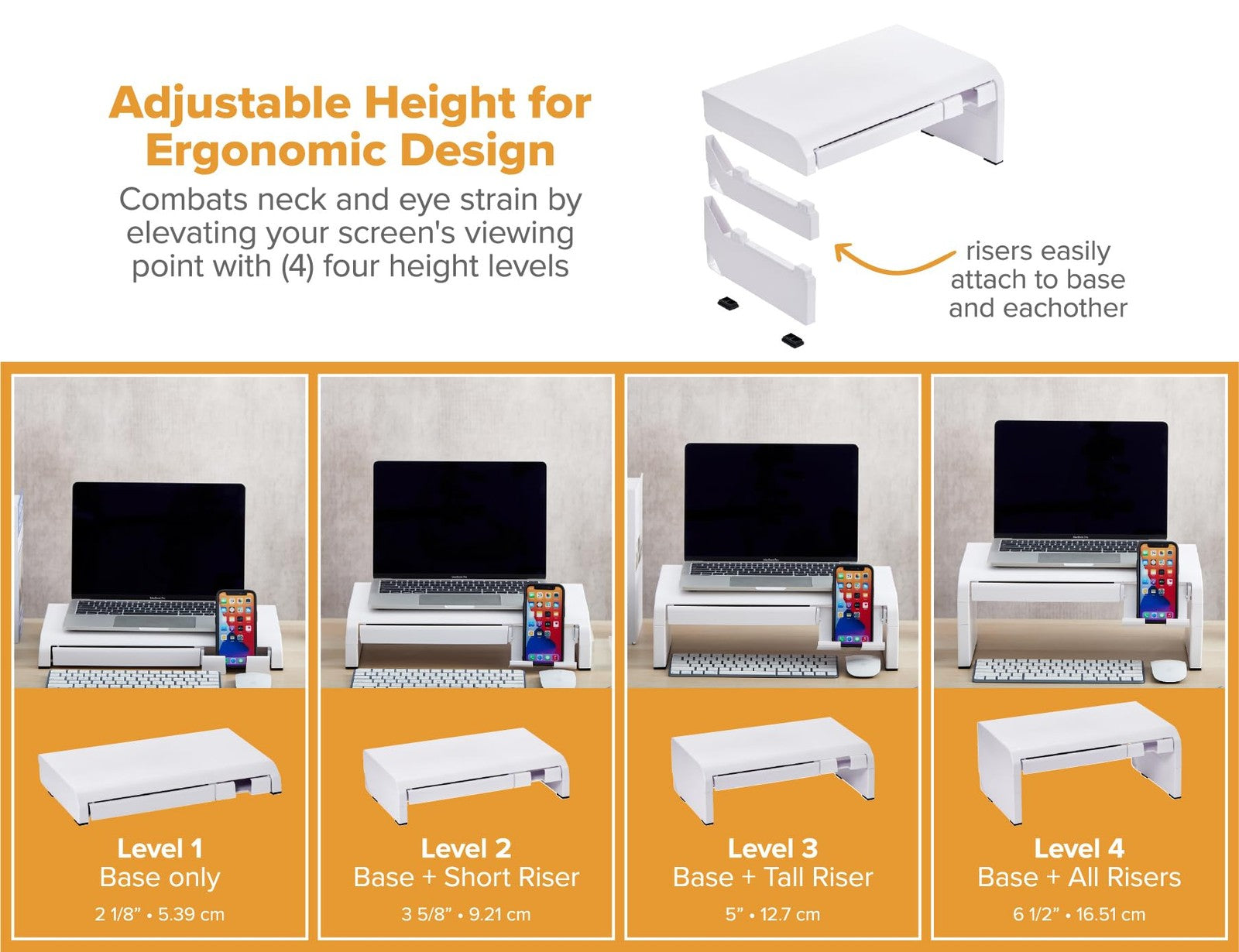 Adjustable Monitor Riser w/ Drawer, Phone Holder & Rubber Feet - White