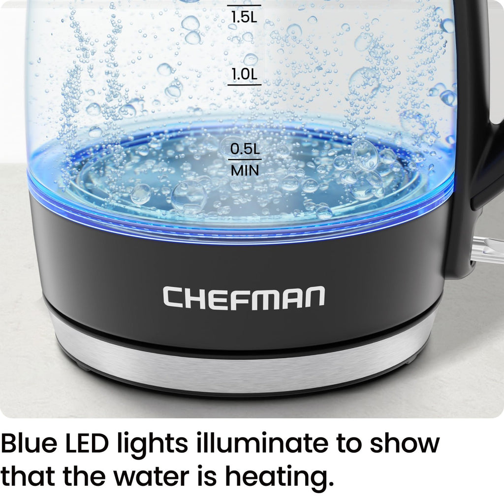 1.8L Electric Kettle by Chefman, Stainless Steel & Glass, Boil-Dry Protection