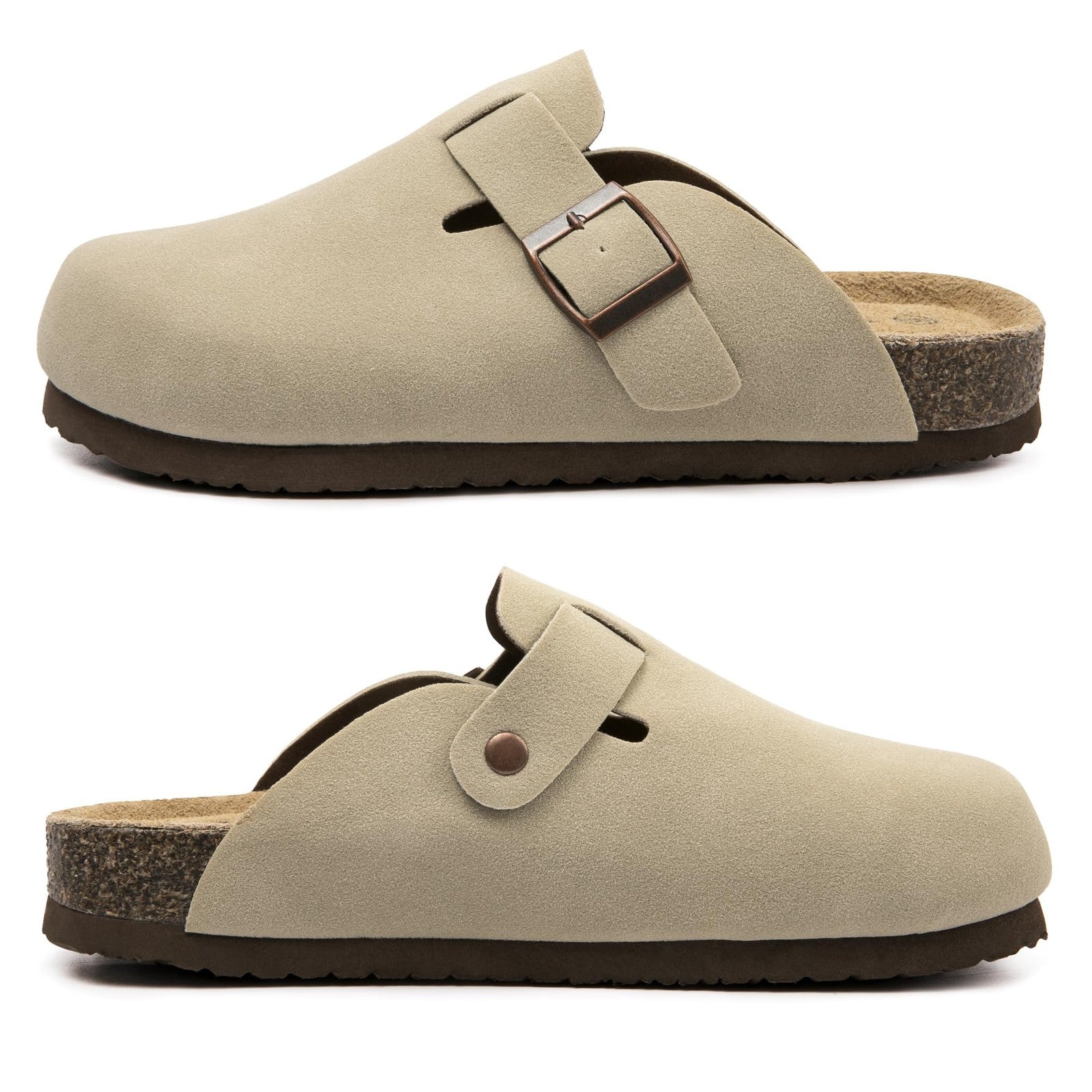 Women’s Beige Suede Clogs w/ Arch Support Cork Footbed Size 9