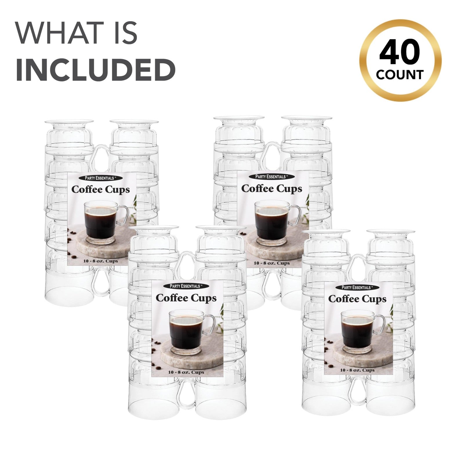 40-Count 8 Oz Clear Plastic Coffee Cups w/ Handles - Party Essentials