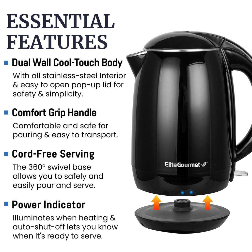 Elite Gourmet 1.8L Cool-Touch Electric Kettle Black, 1500W, Stainless Steel