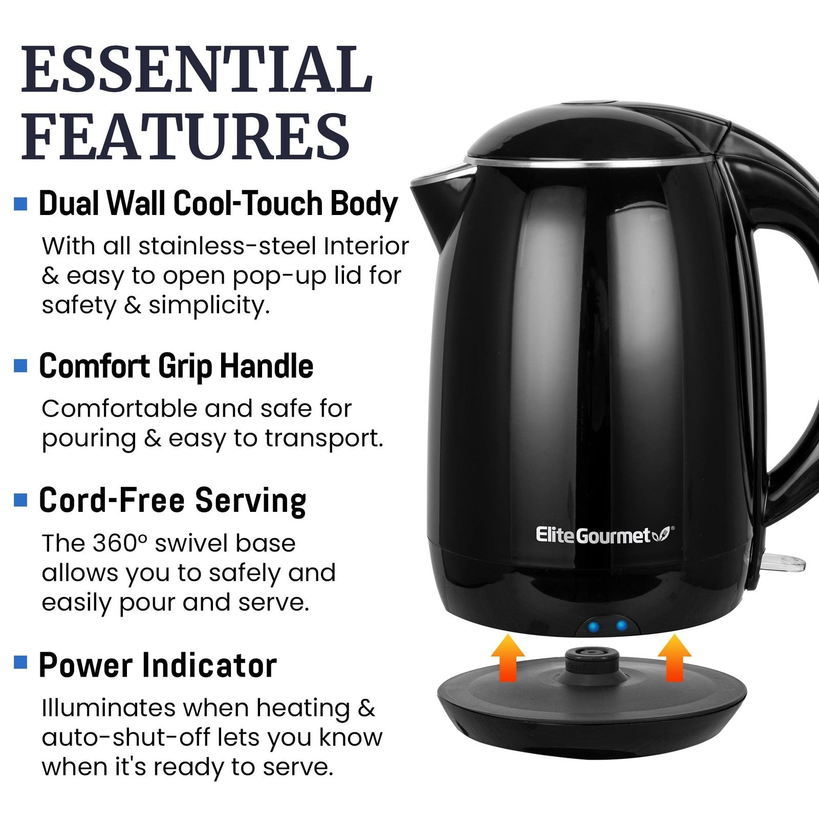 Elite Gourmet 1.8L Cool-Touch Electric Kettle Black, 1500W, Stainless Steel