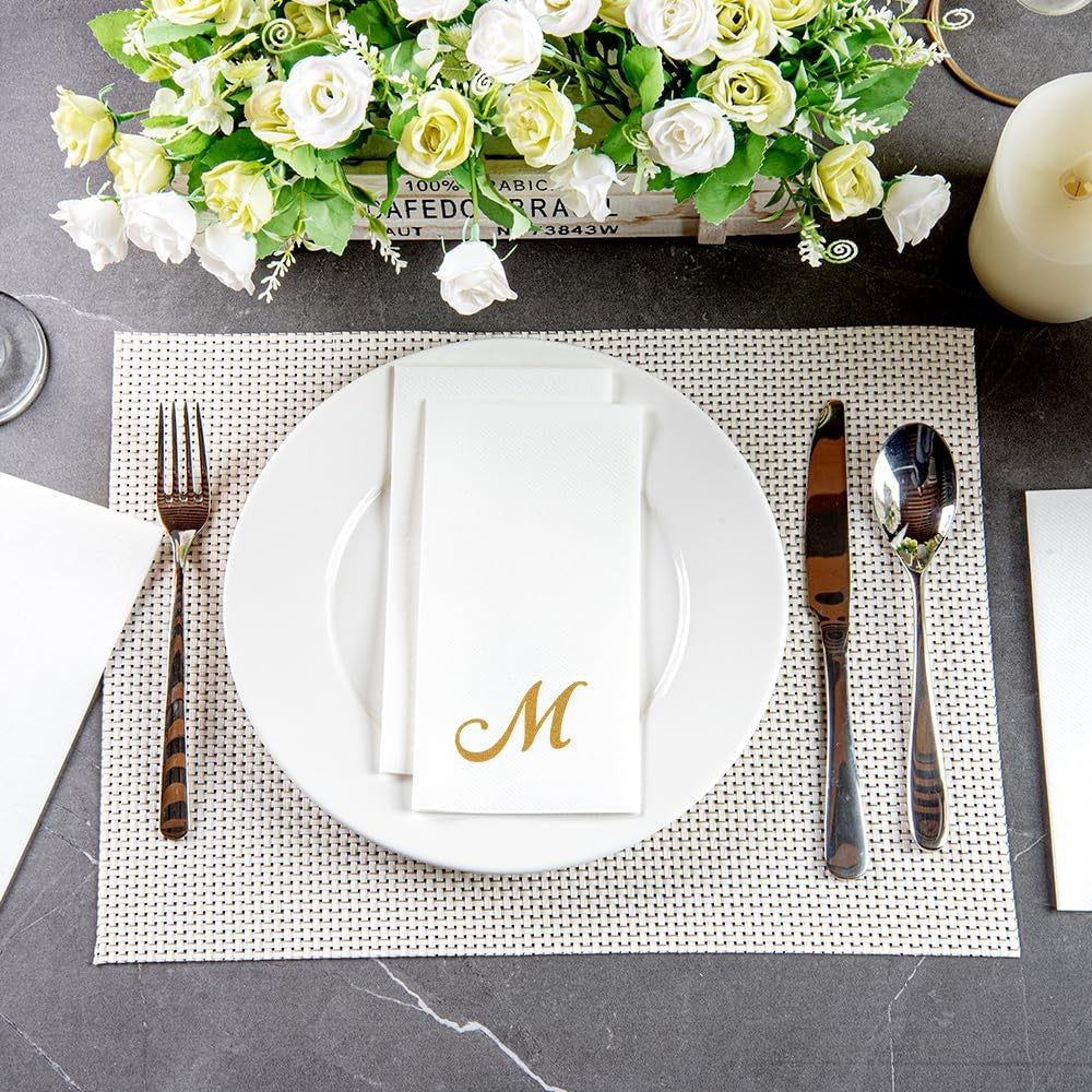 Luxenap 15.8x7.9 In Gold Letter M White Paper Napkins, 50 Count