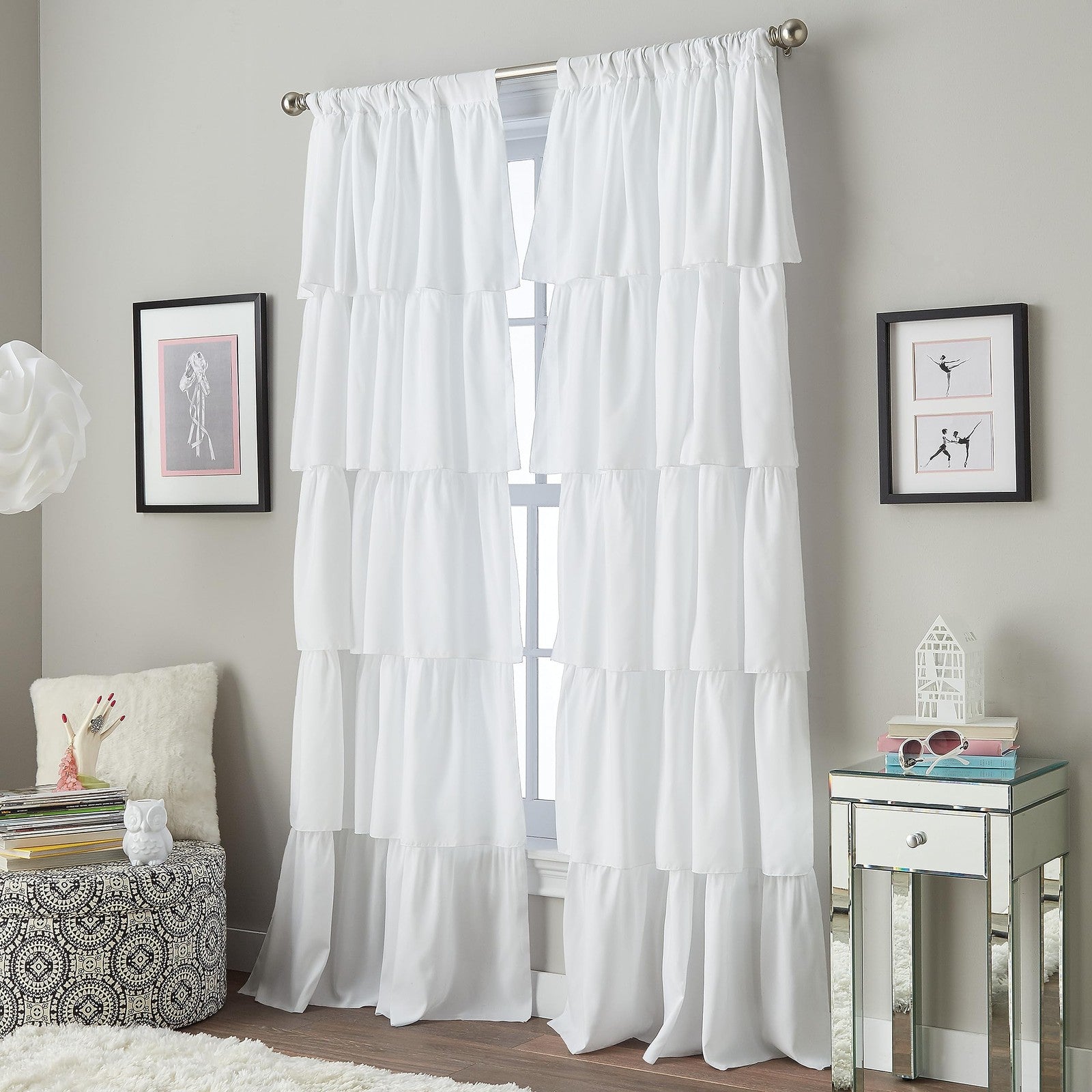 Curtainworks Flounced Ruffle Rod Pocket one Curtain Panel, 63 in, White