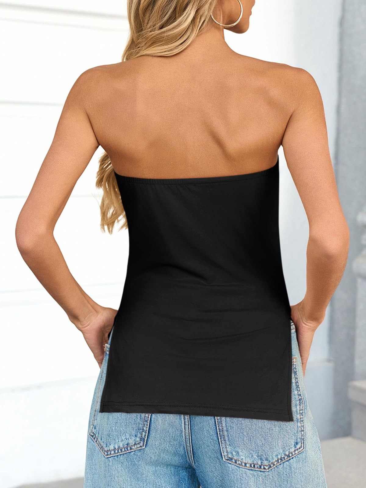 Womens Black Tube Top Strapless Split Hem Fitted Size Large