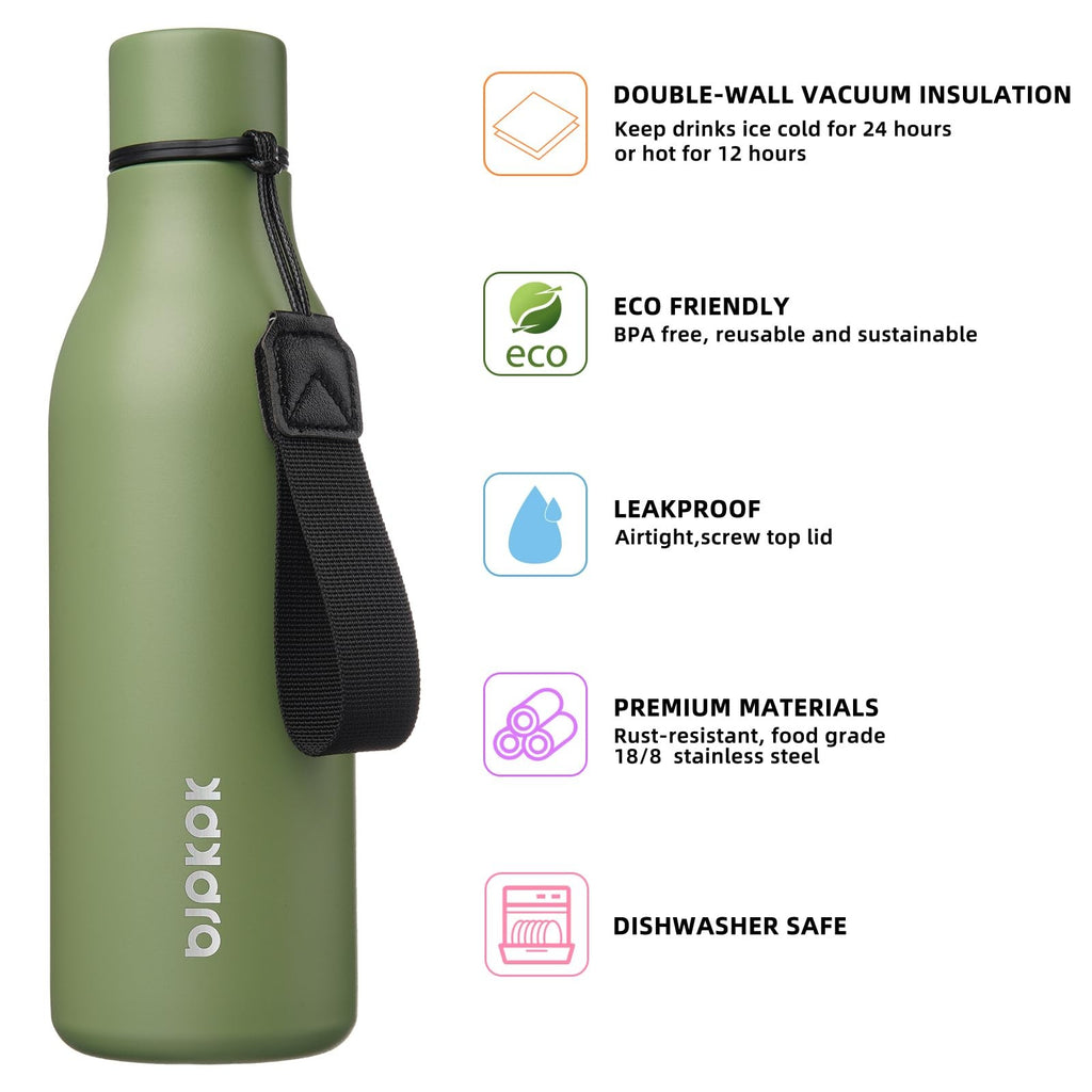 Reusable 18 oz Insulated Water Bottle, Stainless Steel, Green, w/ Strap