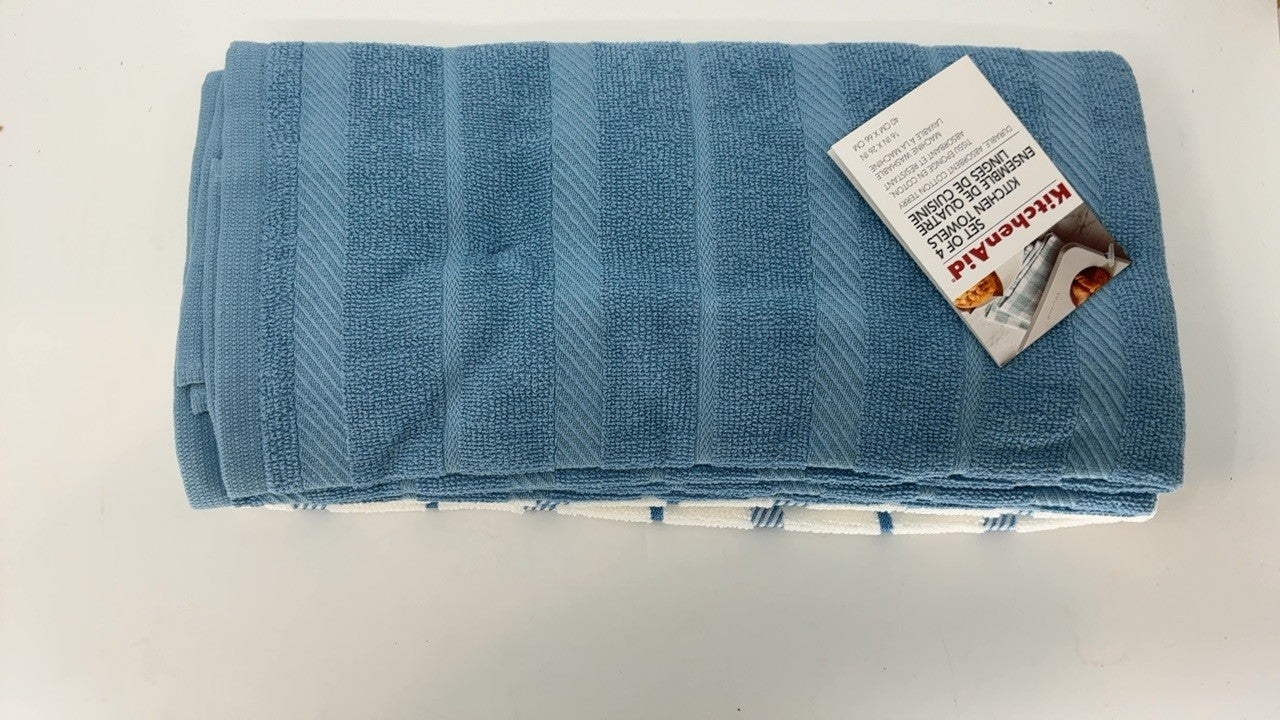 KitchenAid Albany Kitchen Towel 4-Pack Set, Blue Velvet/White, 16"x26"