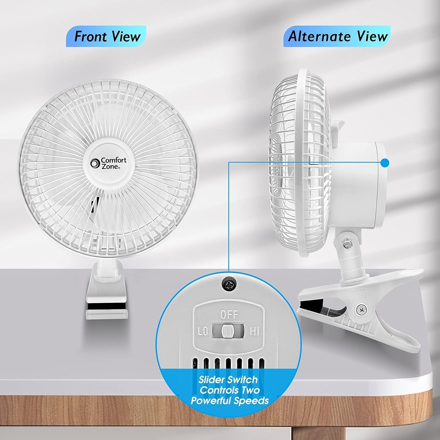 Quiet 6" Clip-On Fan, Adjustable Tilt, 2-Speed, Ideal for Desk & Stroller