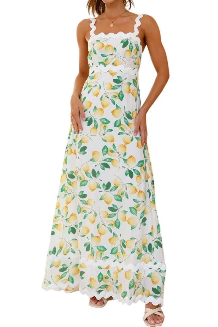 LunaJany Women's Midi Dress Lemon Print Sleeveless Casual M