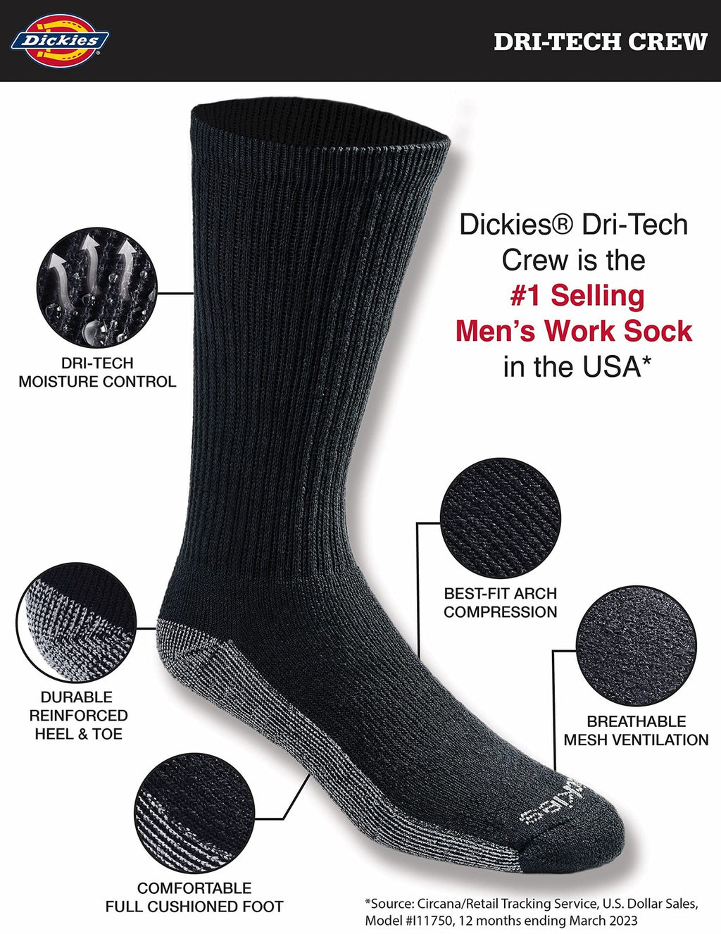 6 Pairs Dickies Dri-Tech Moisture Control Crew Socks, Black, Size 6-12
