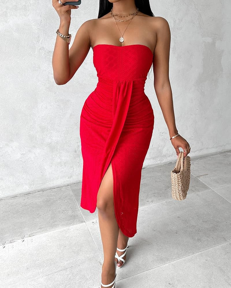Women's Red Bodycon Maxi Dress M Strapless Asymmetrical Beach Outfit