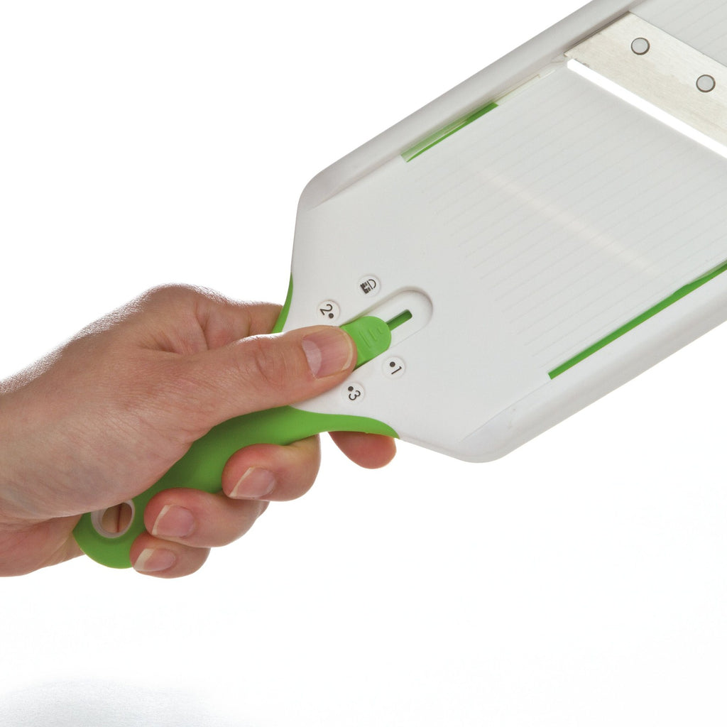 Compact Green Mandoline Slicer - Adjustable Thickness for Fruits & Veggies
