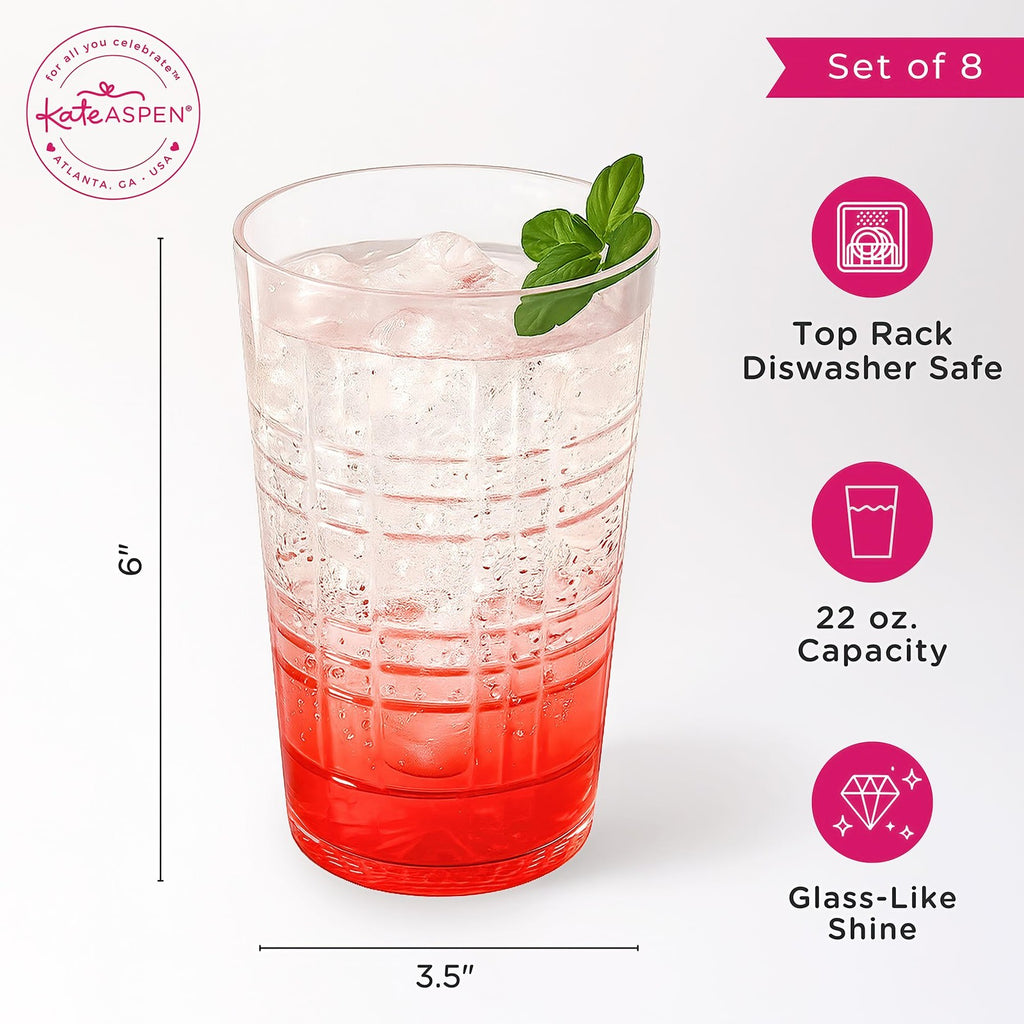 Clear Plaid Acrylic Drinking Glasses Set of 8 - 22oz Tumblers, BPA-Free