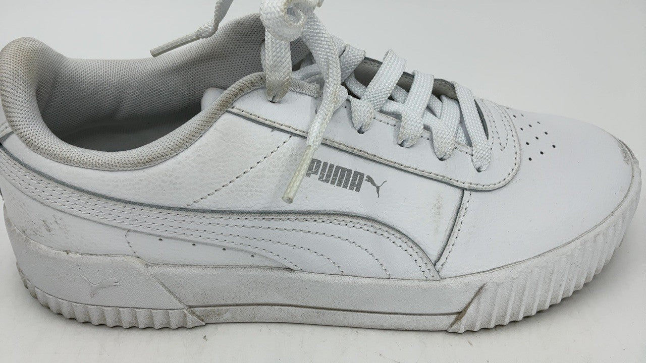 PUMA Womens Carina Leather Sneaker, White Silver, 8.5