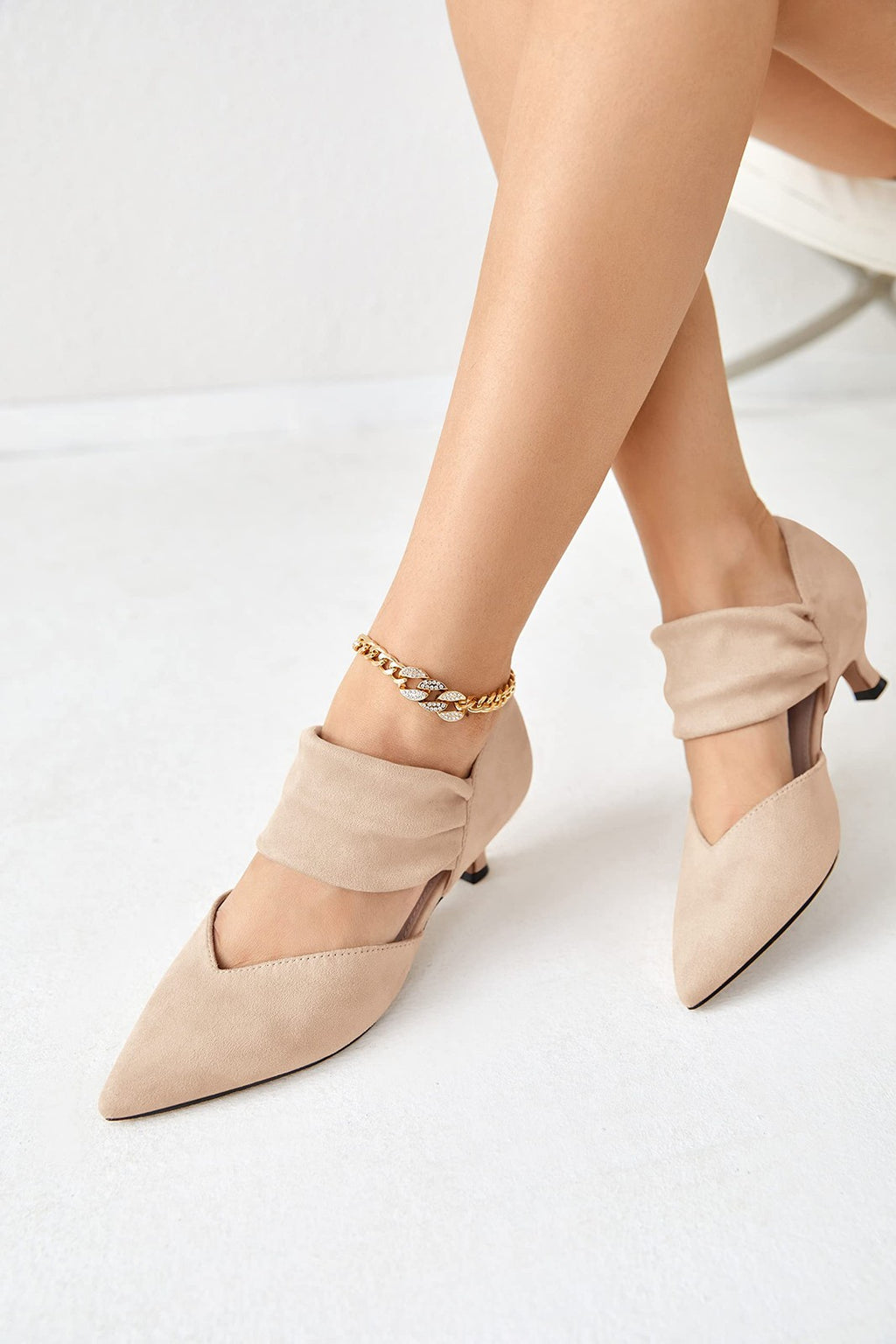 Womens 7.5 Low Kitten Heel Pumps Nude Slip On Ankle Strap Cutout