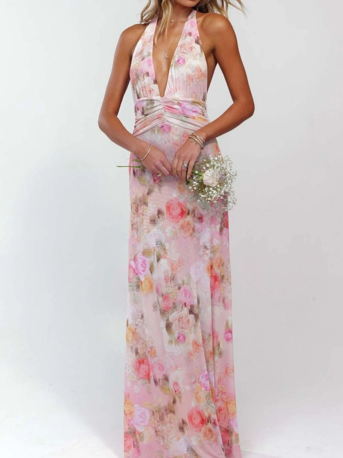 Floral Halter Neck Deep V Maxi Dress