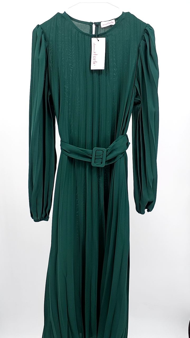 Pleated Round Neck Long Sleeve Dress