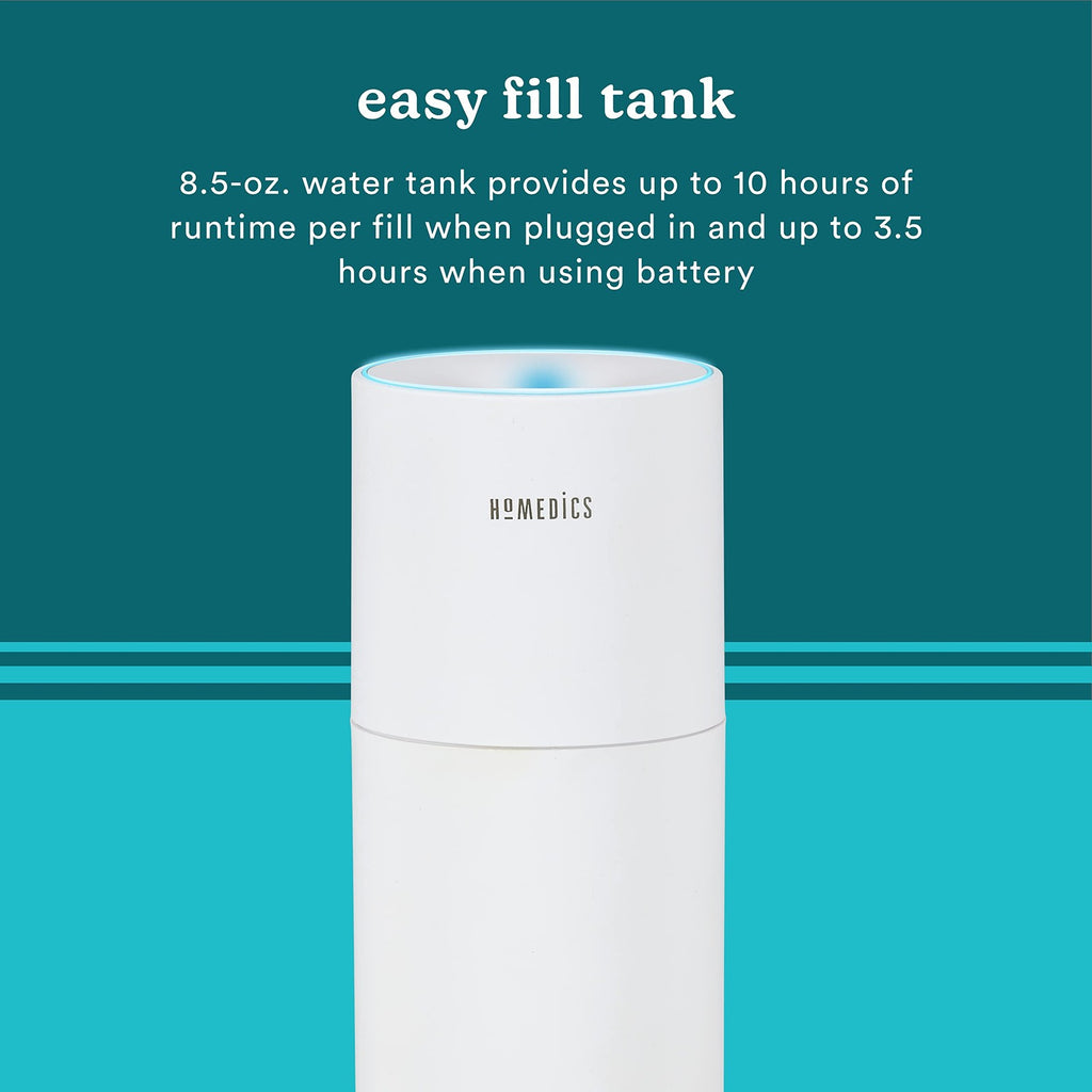 Homedics Ultrasonic Humidifier, 10-Hour Runtime, White, Travel Size