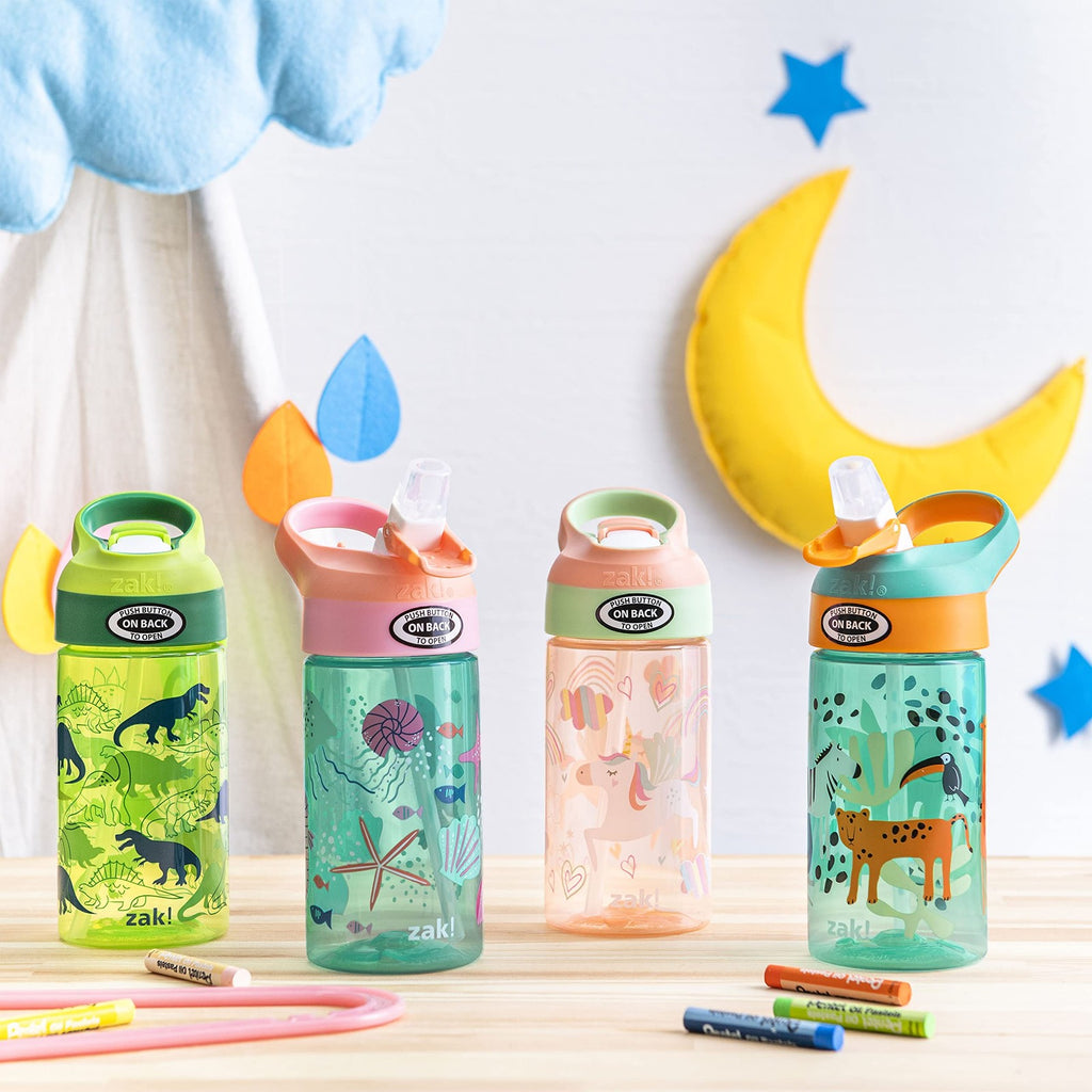 Reusable 16oz Kids Water Bottles, Unicorn & Dino Camo, Built-in Loop, 2 Pack