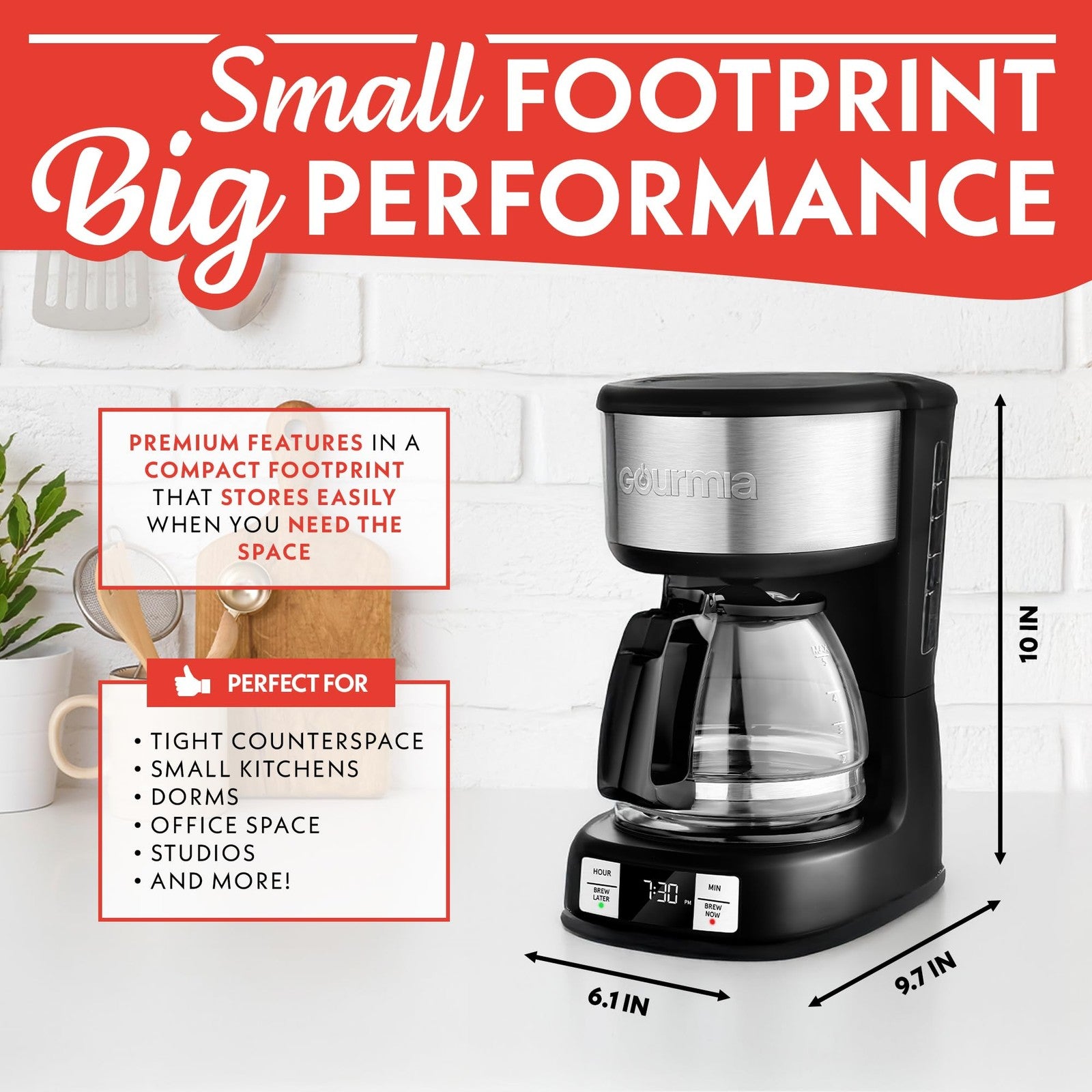 Gourmia Coffee Maker, 5 Cup, Adjustable Keep Warm, Black