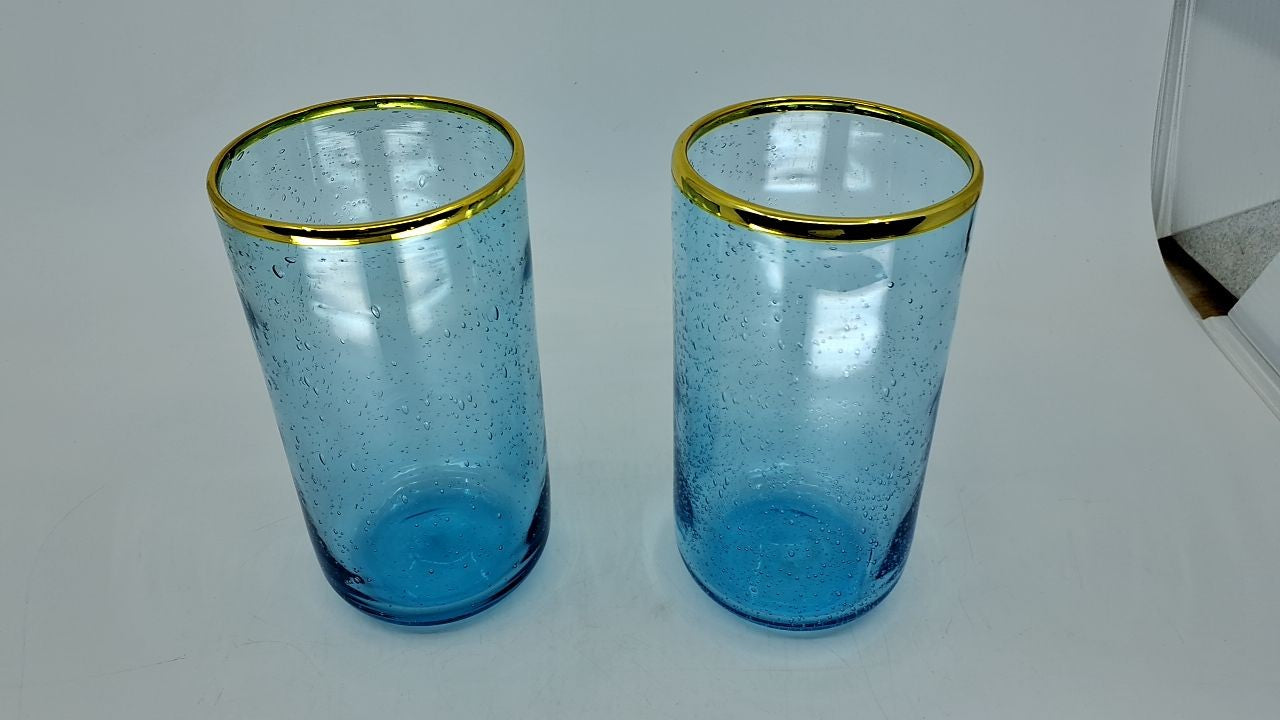 16 oz Blue Aqua Glass Tumblers Set of 2, Gold Rimmed Drinkware