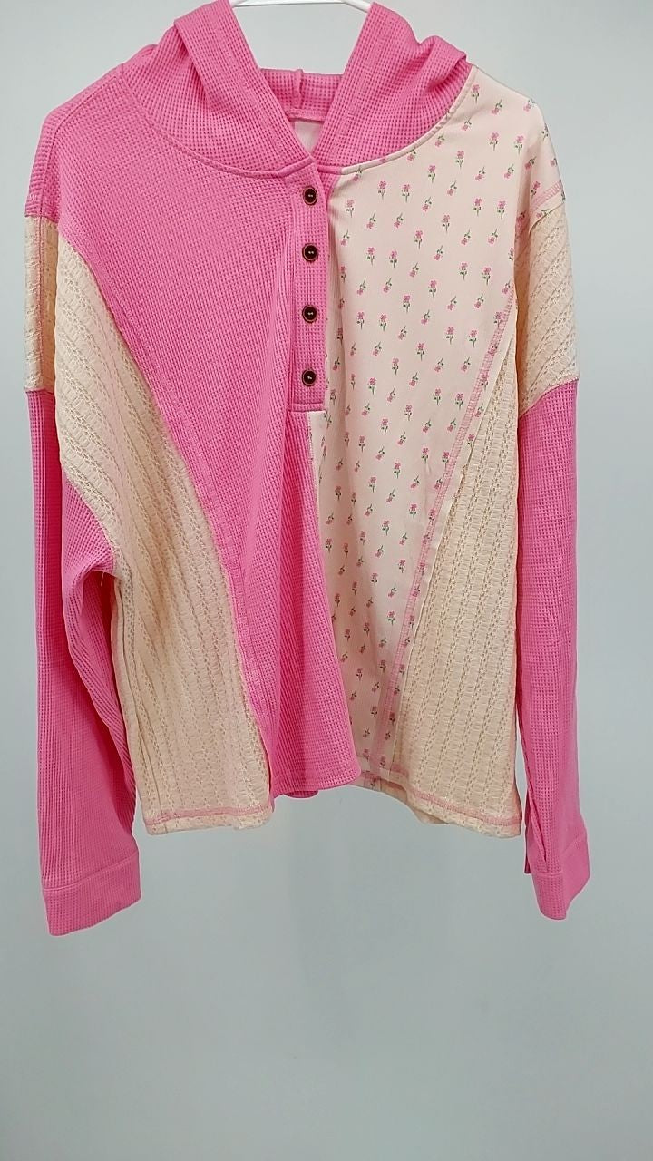 Mixed Texture Waffle Floral Patchwork Hooded Oversize Pullover