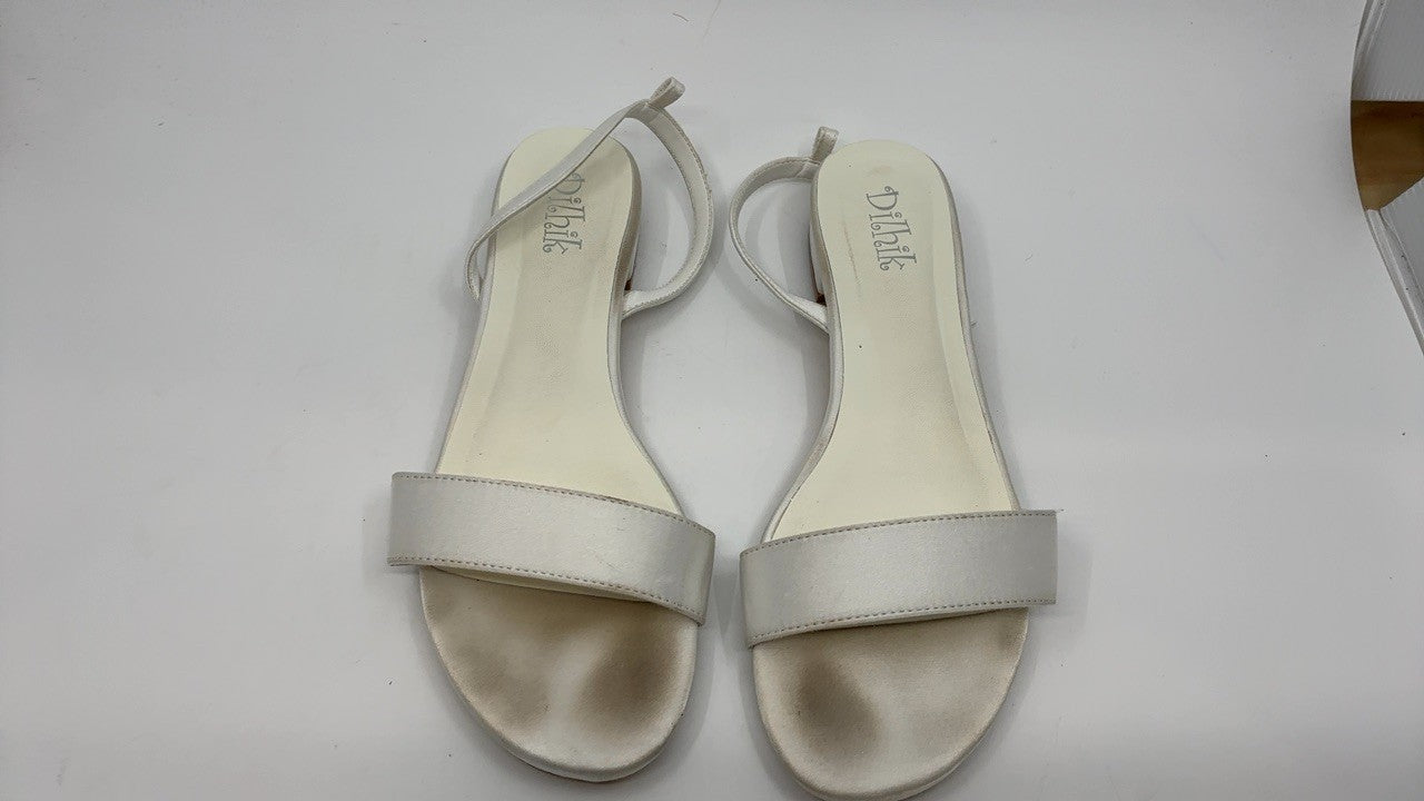 Bridal Satin Flats Sandals, Open Toe, Pearl Detail, Ivory, Size 8.5