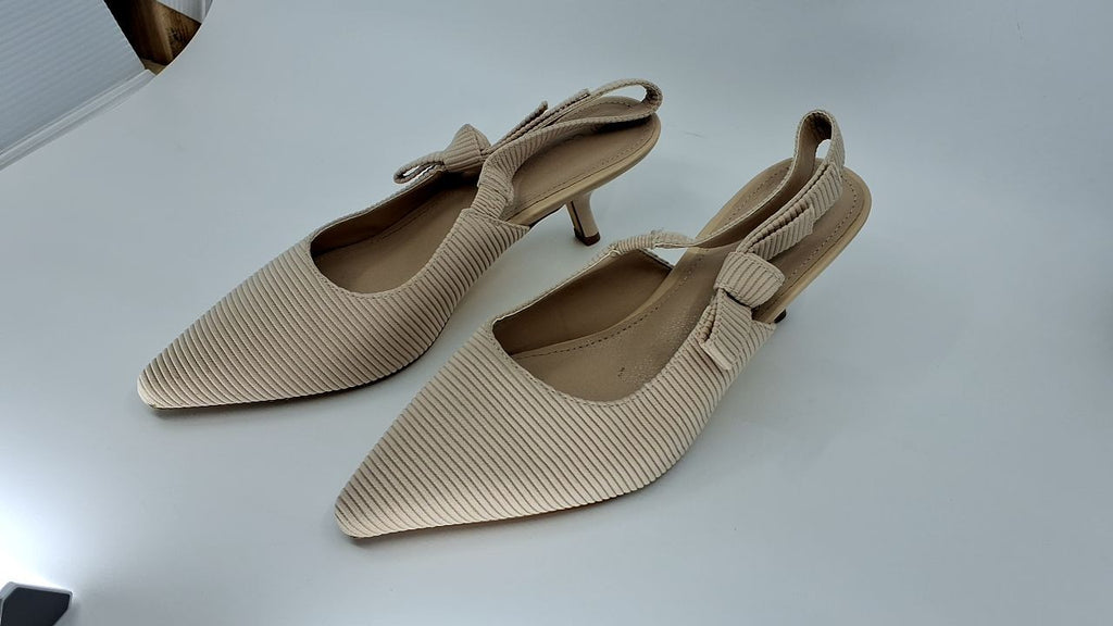 Womens Closed Toe Kitten Heels Pumps, Beige Bowknot, Size 8.5