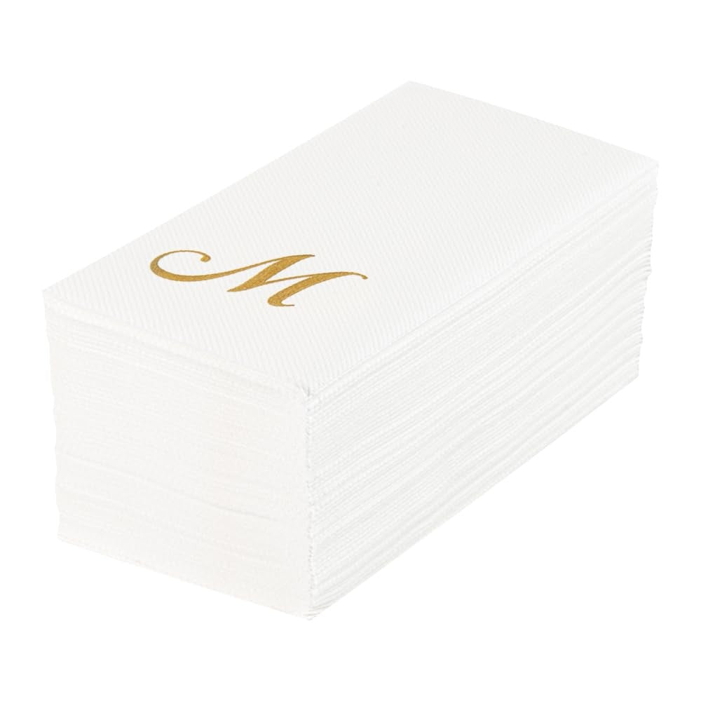Luxenap 15.8x7.9 In Gold Letter M White Paper Napkins, 50 Count