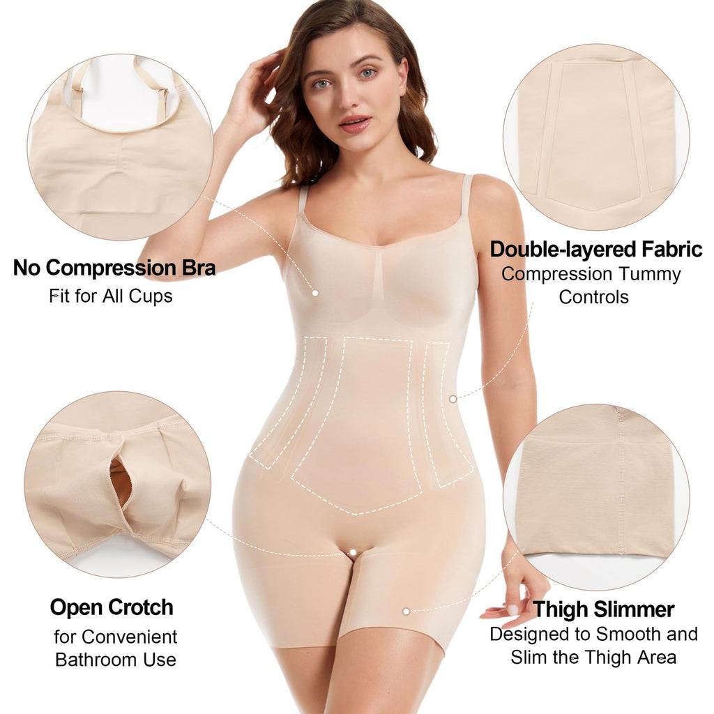 SHAPERX Women's Tummy Control Bodysuit Mid-Thigh Seamless Beige L
