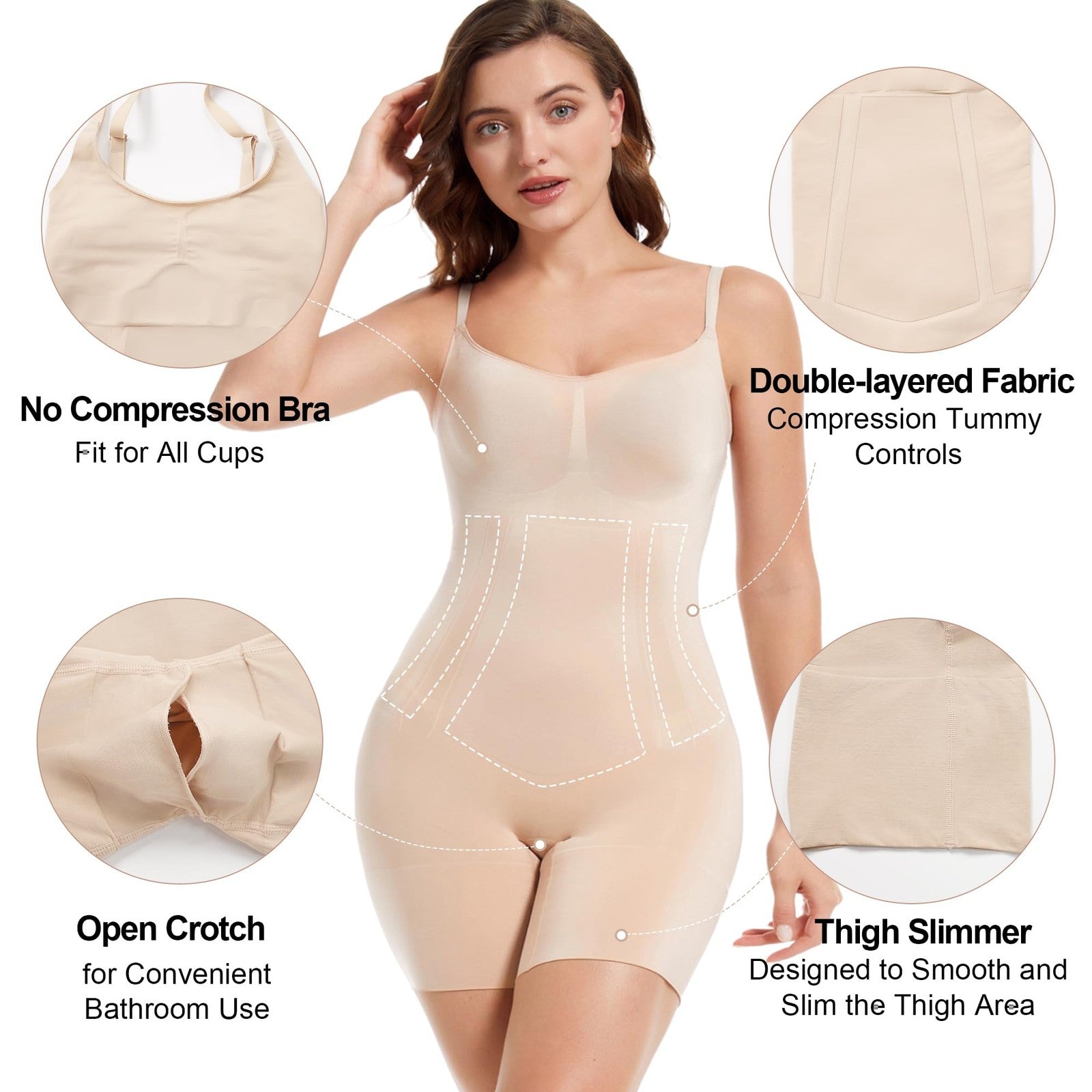SHAPERX Women's Tummy Control Bodysuit Mid-Thigh Seamless Beige L