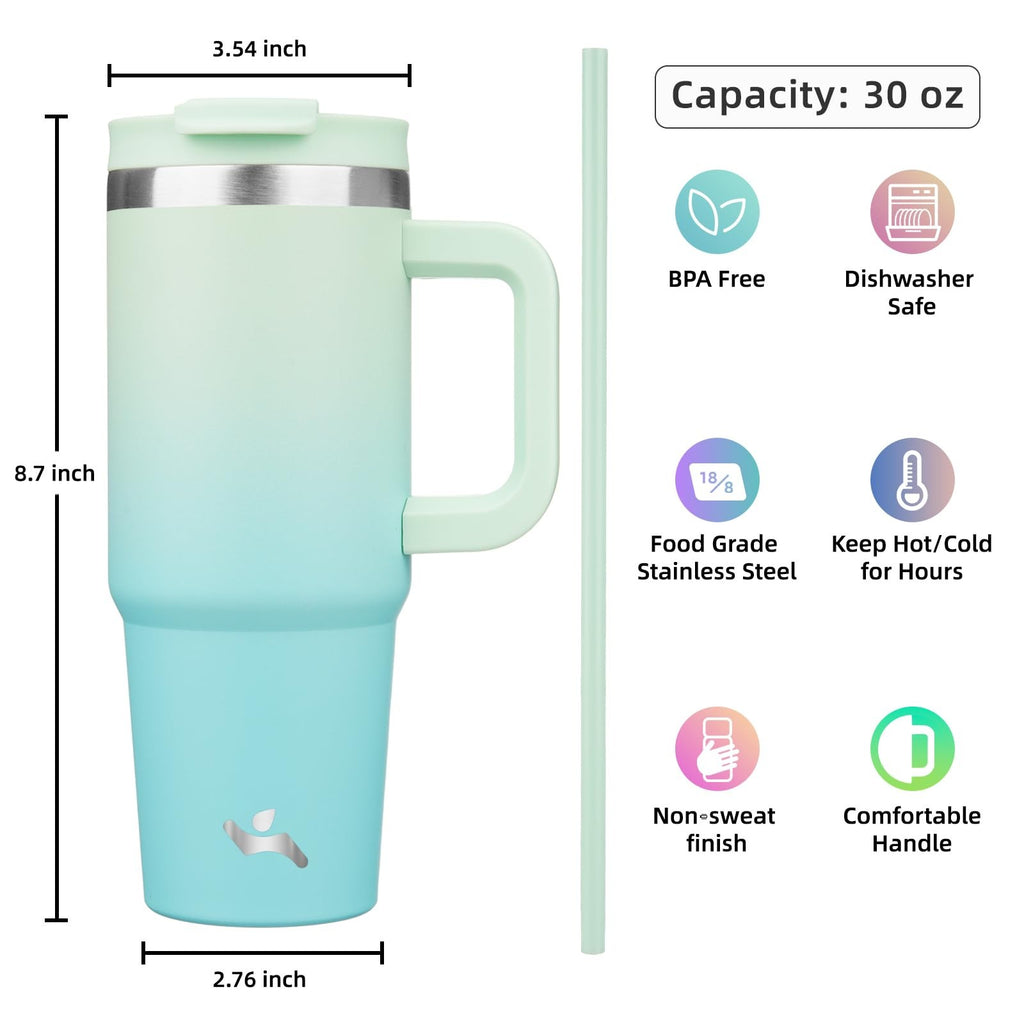Mint 30 Oz Stainless Steel Tumbler - Insulated Mug w/ Handle & Straws