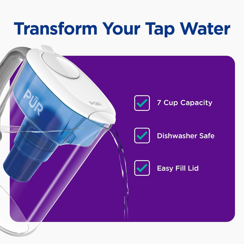 PUR 7-Cup Water Filter Pitcher, Cleaner Water, White, Space-Saving Design