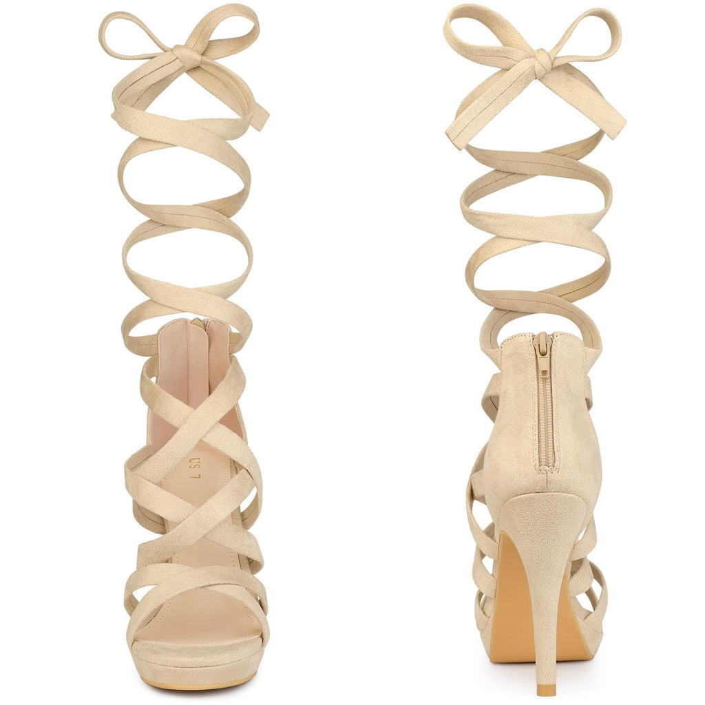 Perphy Strappy Platform Lace Up Stiletto Heels Beige Sandals for Women 8.5 M US