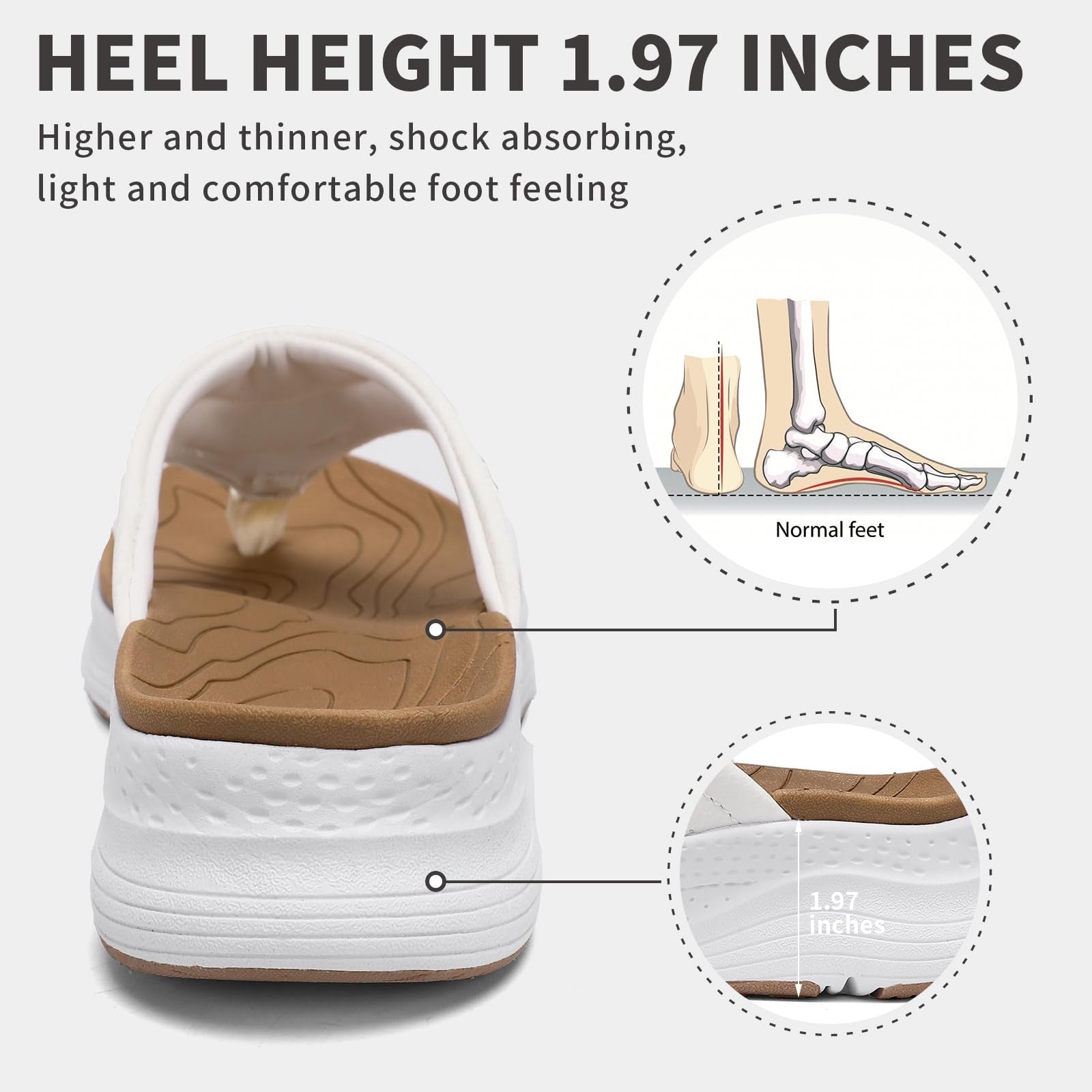 Women's Comfortable Platform Flip Flops, Arch Support, White Khaki, Size 6