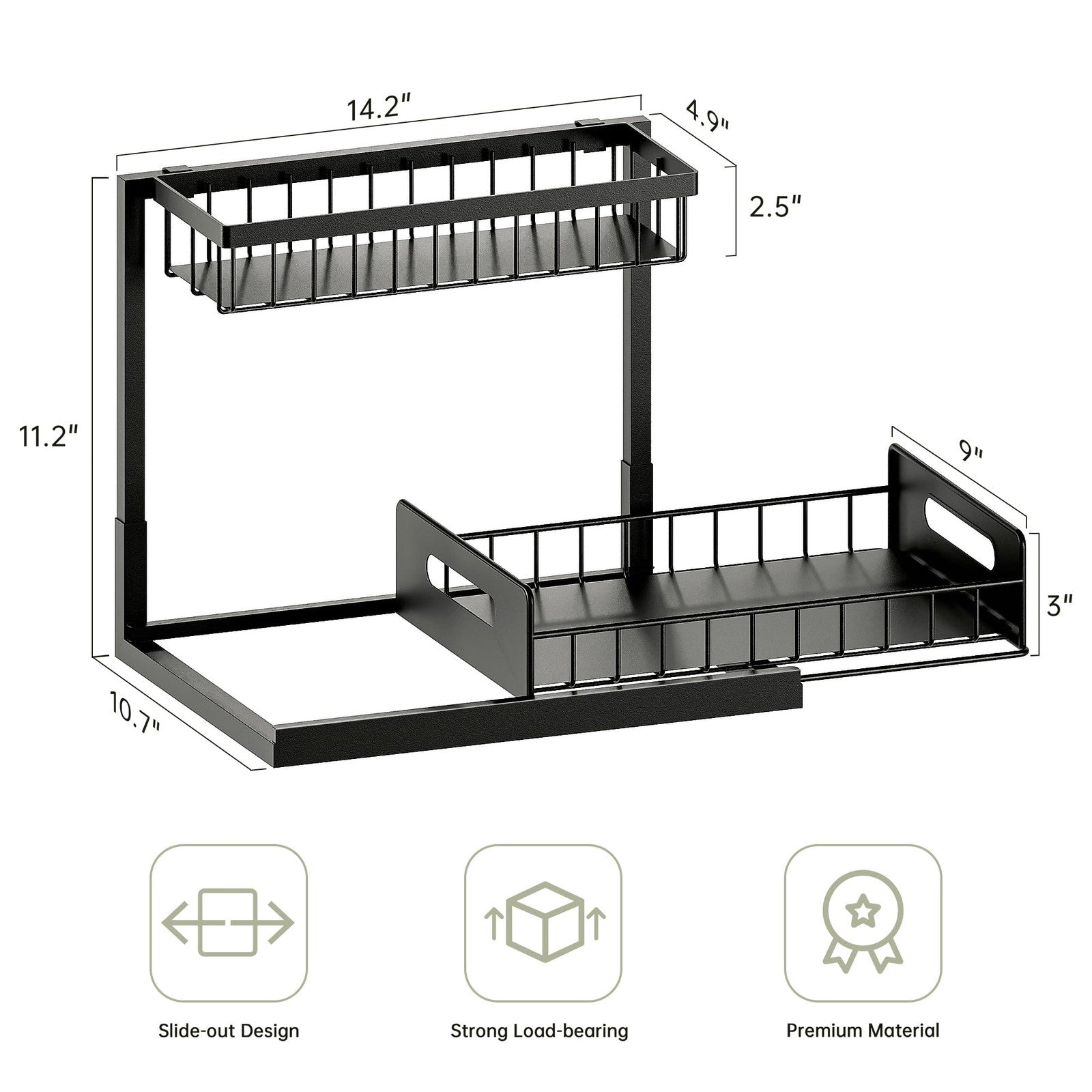 2-Tier Under Sink Organizer Pull Out Shelf Black