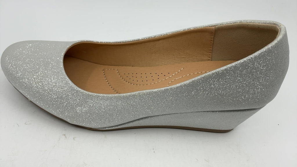 Silver Glitter Wedge Pumps Size 9 Women's Round Toe Mid Heels by Trary