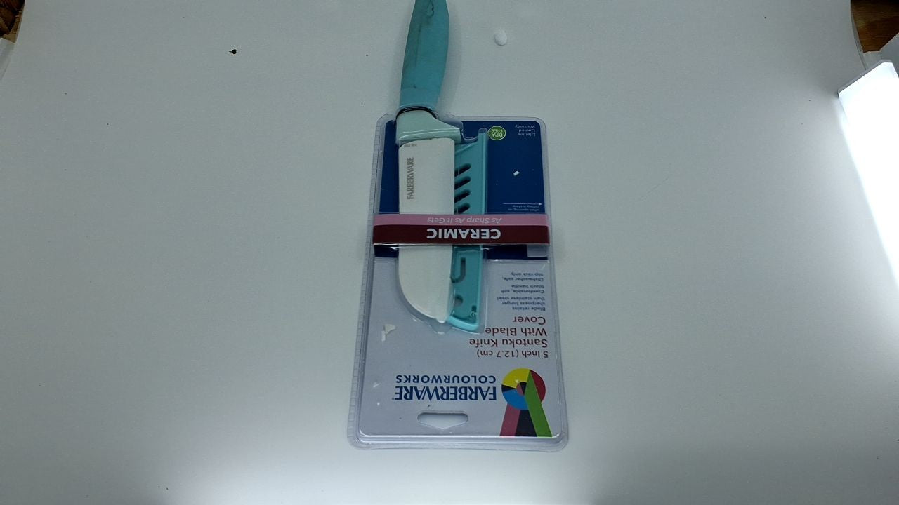 5-Inch Aqua Ceramic Santoku Knife w/ Blade Cover & Soft-Grip Handle